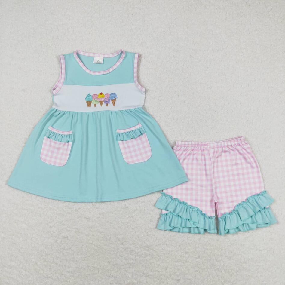 GSSO0826 Summer Girls Ice Cream Ruffle Shorts Set