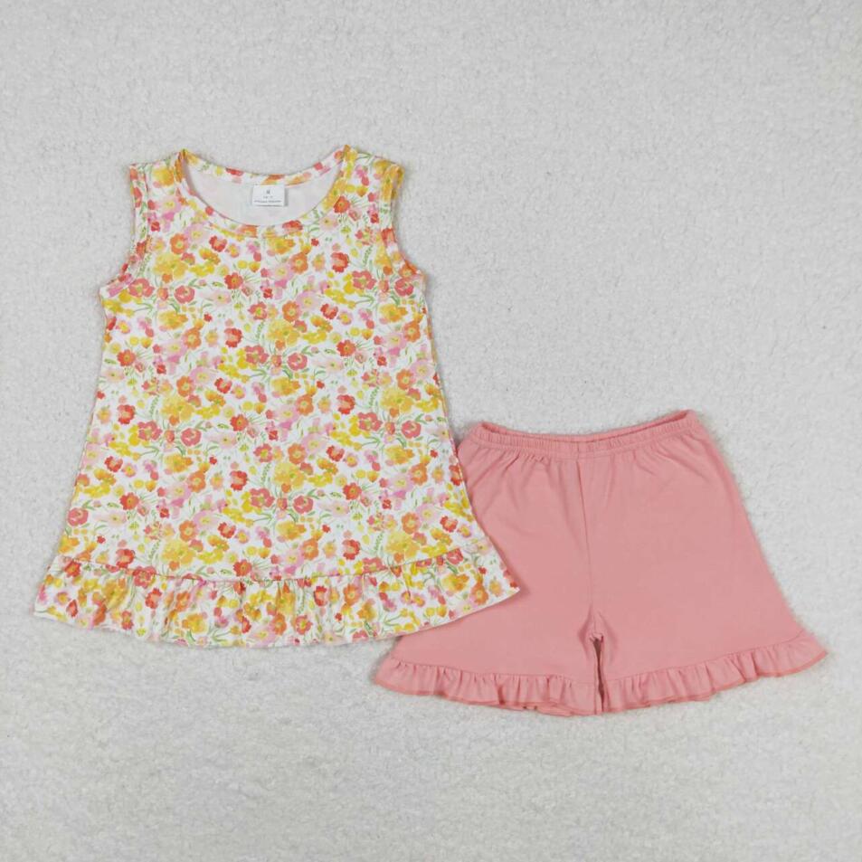 GSSO1135 Summer Baby Girls Orange Flower Top Ruffle Shorts Set