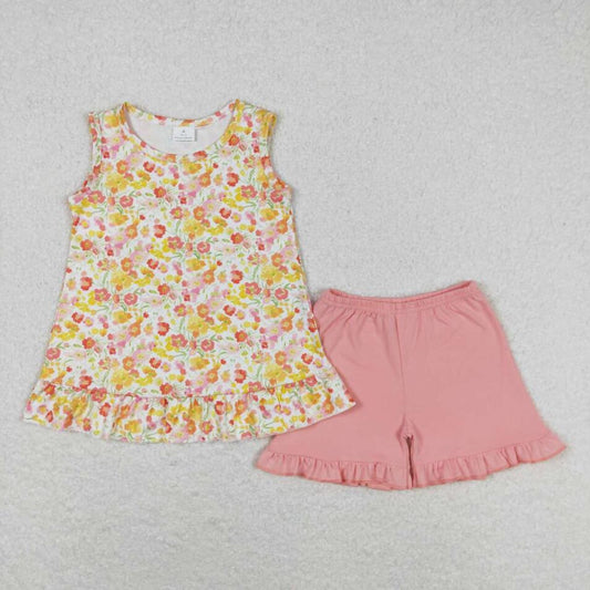 GSSO1135 Summer Baby Girls Orange Flower Top Ruffle Shorts Set