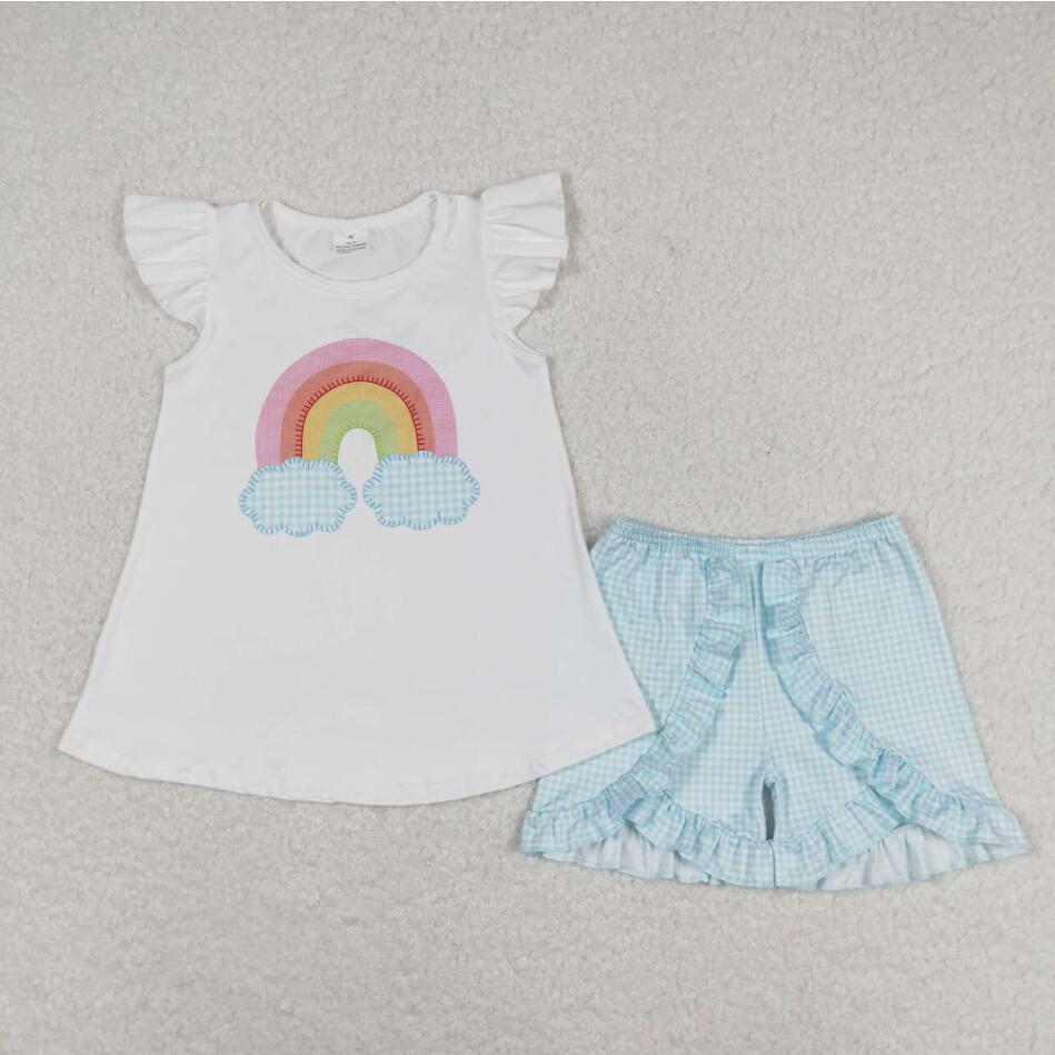 GSSO0827 Summer Girls Rainbow Top Blue Gingham Shorts Set