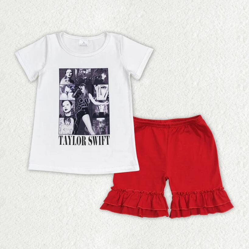 GSSO1378 Taylor Swift White Top Cotton Red Shorts Outfit