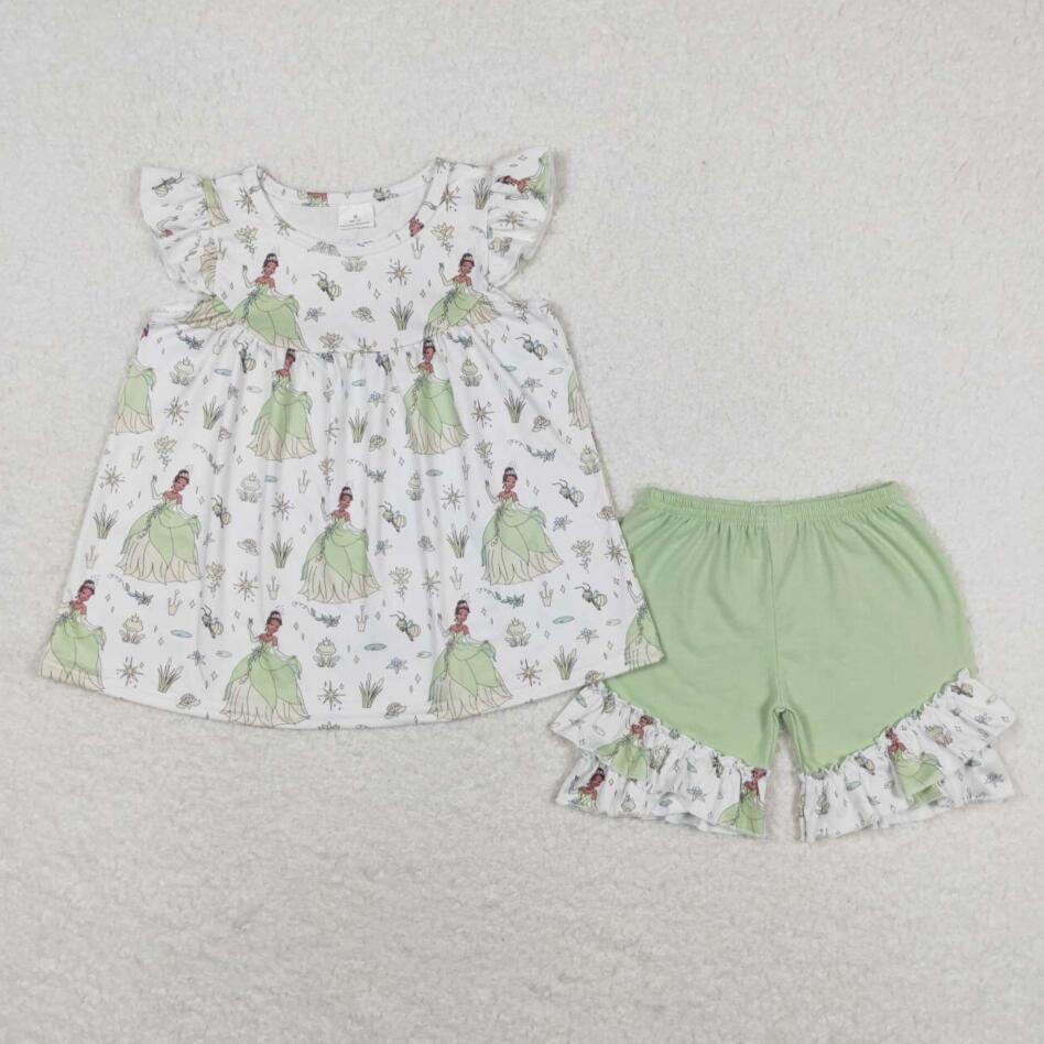 GSSO0911 Baby Girls Princess Tunic Pearl Top Green Ruffle Shorts Set