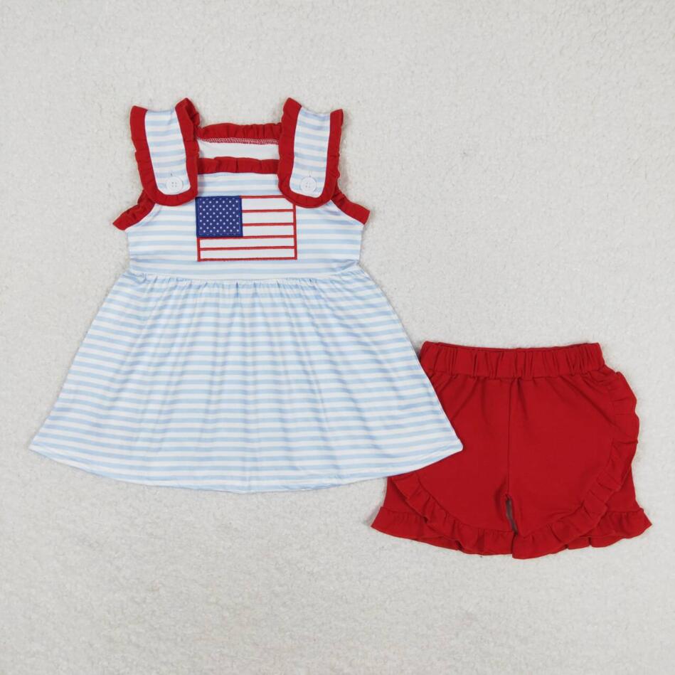 GSSO0755 Baby Girls July 4th Blue Striped Top matching Red Shorts Set