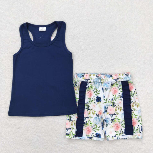 GSSO1062 Baby Girls Navy Top Floral Ruffle Shorts Outfit