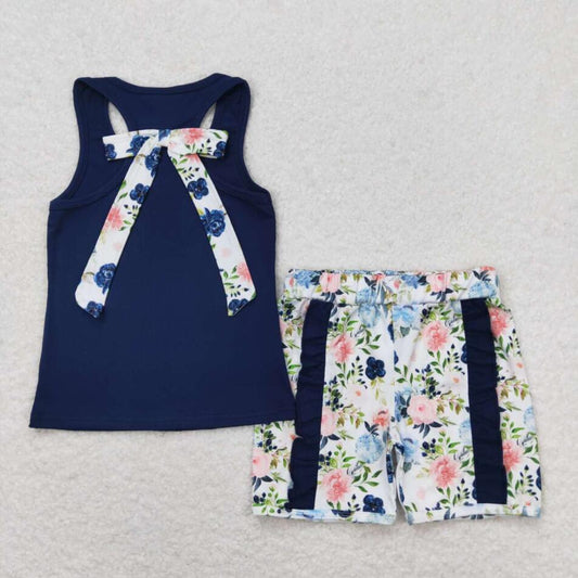 GSSO1062 Baby Girls Navy Top Floral Ruffle Shorts Outfit