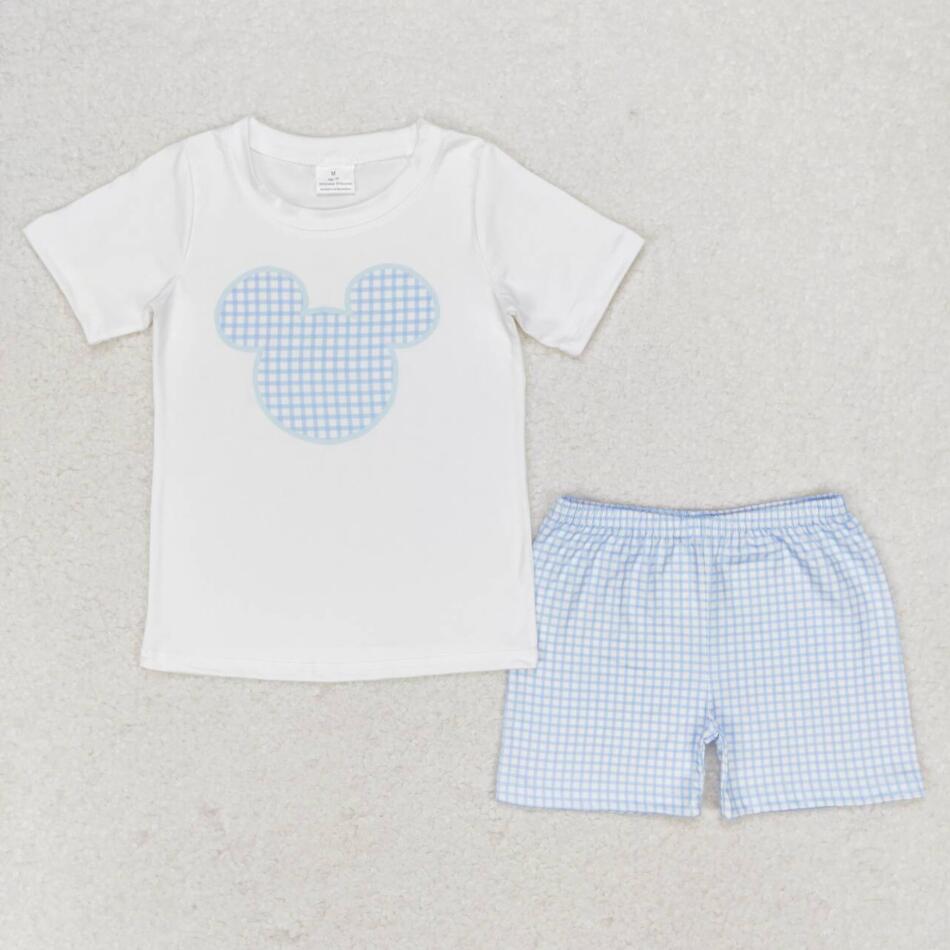 BSSO0860 Baby Boys Summer Cartoon Mouse Top Blue Gingham Shorts Set