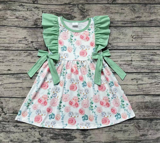 Green Floral Girl Summer Design Short Sleeve Children Dresses