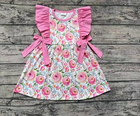 Pink Floral Girl Summer Design Short Sleeve Children Dresses