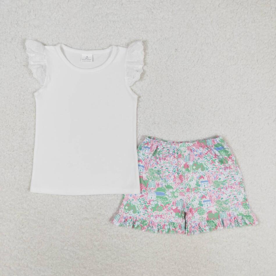 GSSO0888 Kids Girls Summer White Top Ruffle Shorts Set