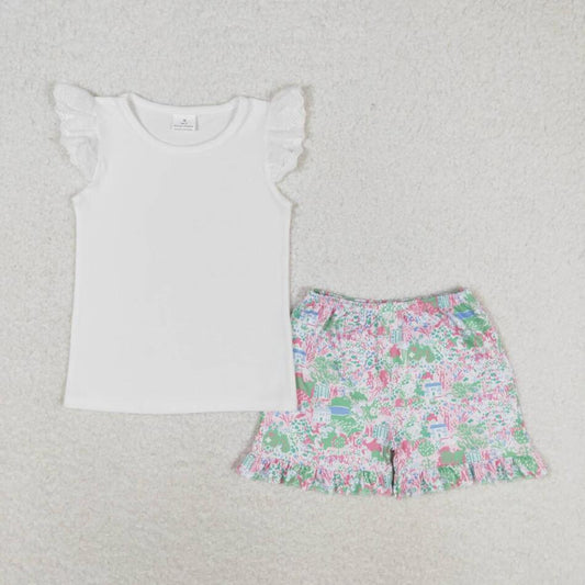 GSSO0888 Kids Girls Summer White Top Ruffle Shorts Set