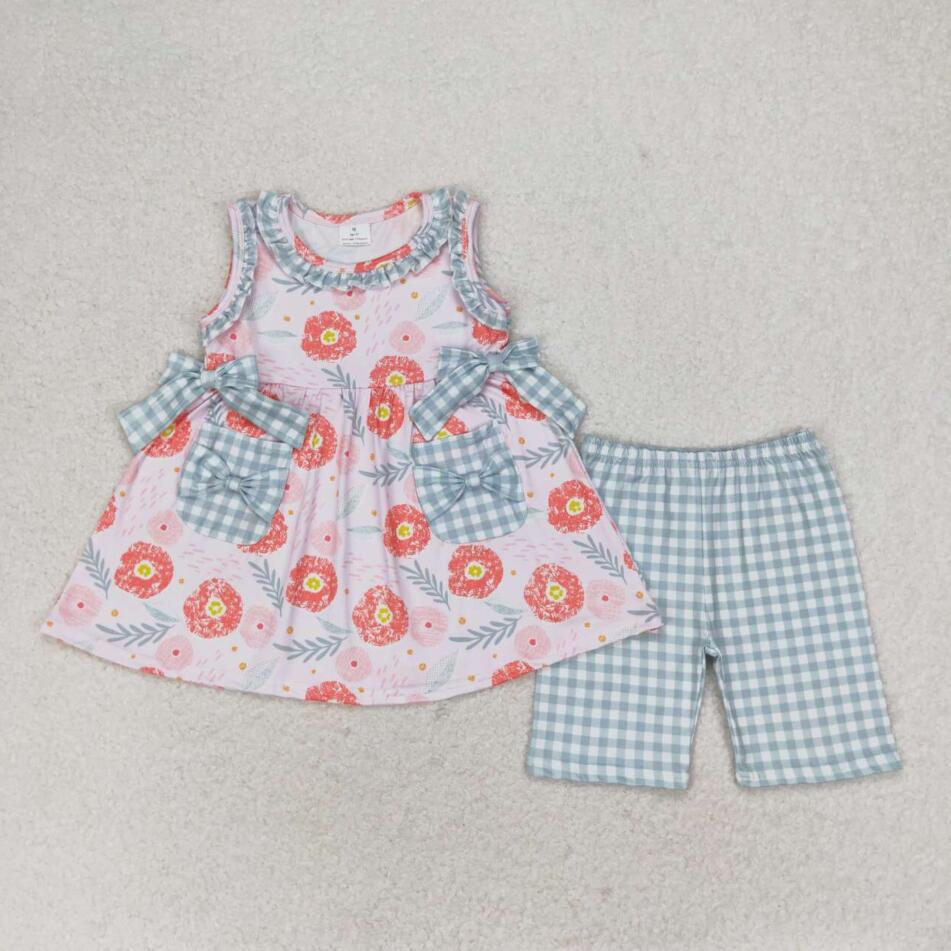 GSSO0999 Baby Girls Floral Tunic Top Green Ginghim Shorts Set