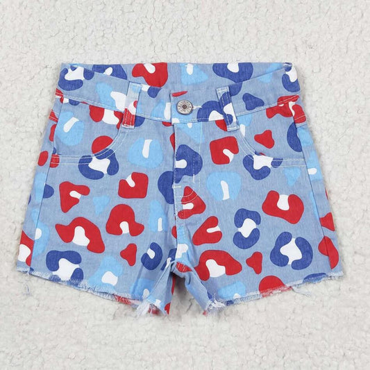 SS0166 Blue Red Color Leopard Denim Shorts