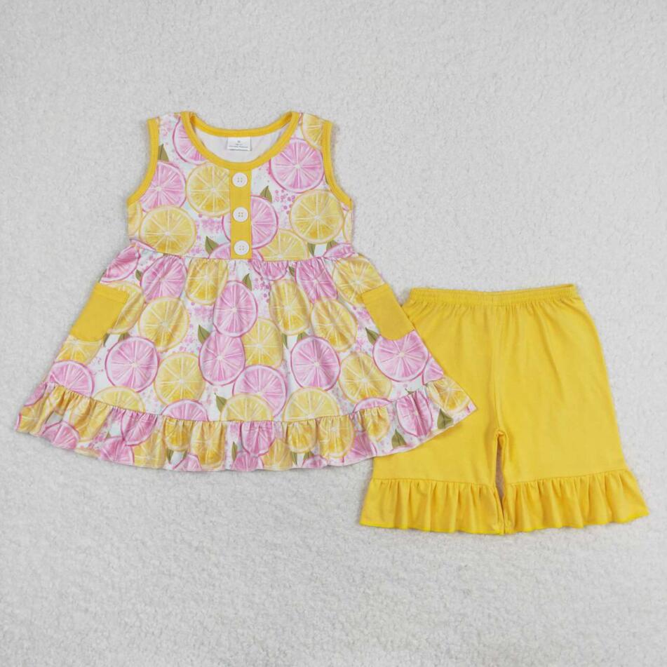 GSSO1079 Baby Girls Lemon Sleeveless Tunic Top Ruffle Shorts Set