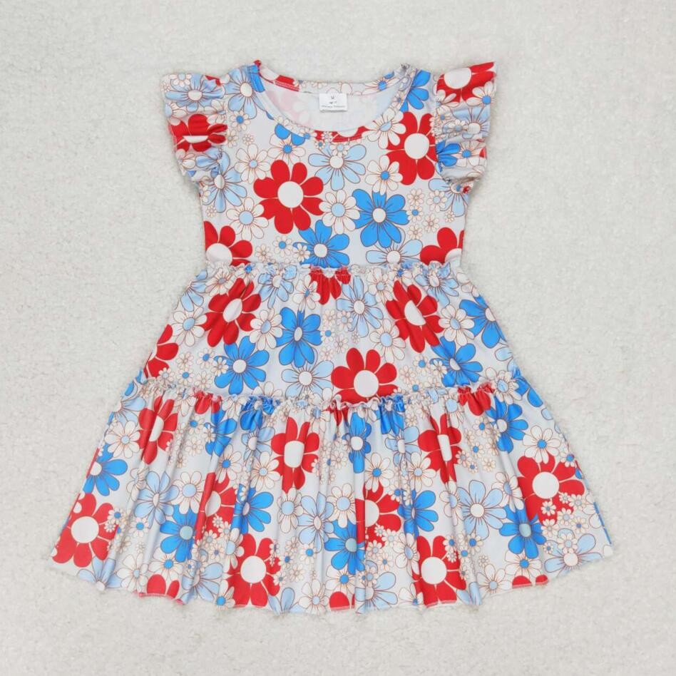 GSD0921 Baby Girls Red Blue Flower Flutter Sleeve Dress