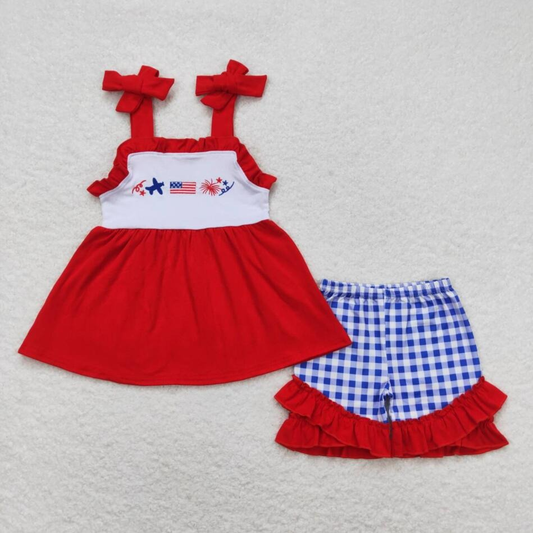 GSSO0611 Baby Girls July 4th Flag Fireworks Ruffle Shorts Outfit