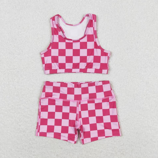 Baby Girls Pink Plaid Western Sports Crop Tops Shorts Sibling Clothes Sets