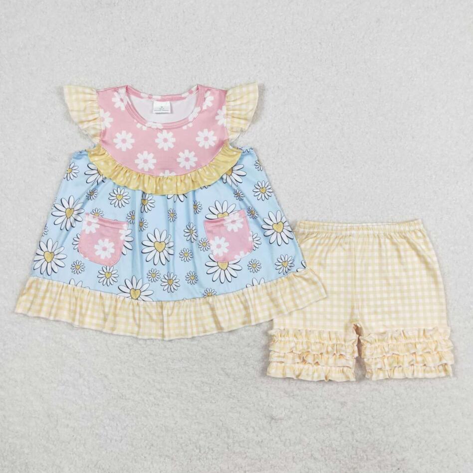 GSSO1036 Baby Girls Summer Daisy Tunic Top Ruffle Shorts Outfit