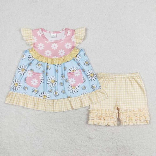 GSSO1036 Baby Girls Summer Daisy Tunic Top Ruffle Shorts Outfit