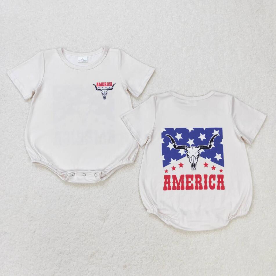 SR0962 Baby Infant Boys Cow 4th Of July Short Sleeve Rompers