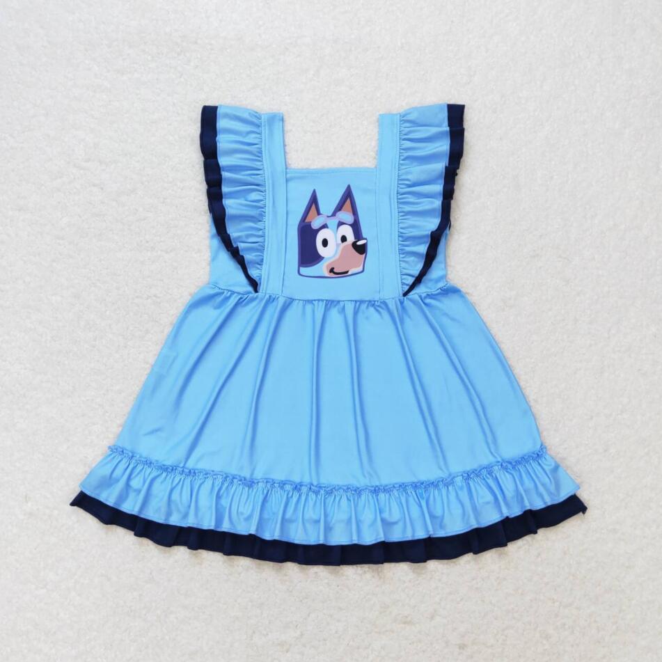 GSD1185 Baby Girls Summer Cartoon Blue Dog Dress