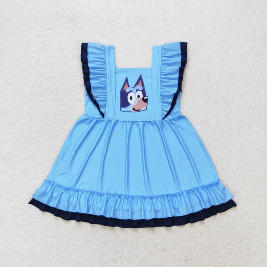 GSD1185 Baby Girls Summer Cartoon Blue Dog Dress