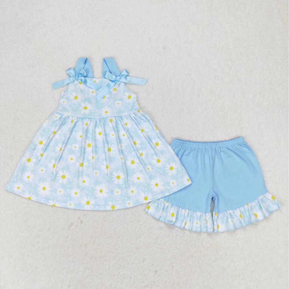 GSSO0993 Baby Girls Baby Blue Floral Top Ruffle Shorts Set