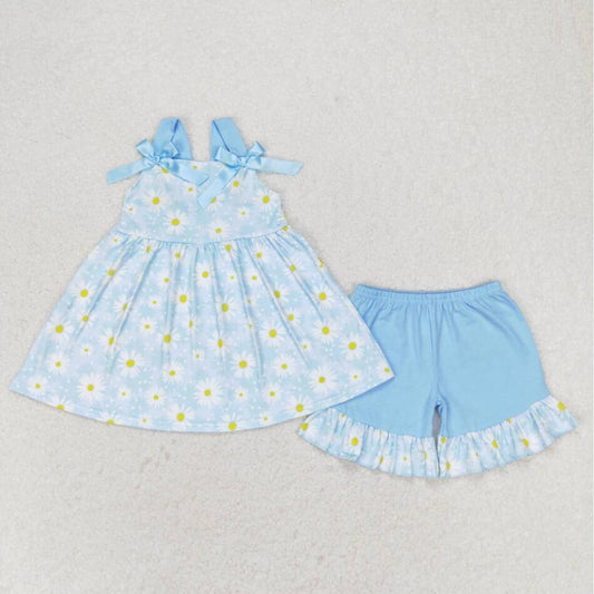 GSSO0993 Baby Girls Baby Blue Floral Top Ruffle Shorts Set