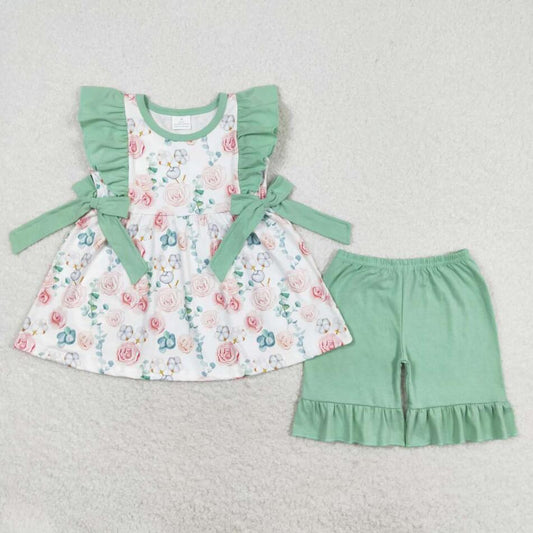 GSSO1004 Green Floral Tunic Top Ruffle Shorts Set