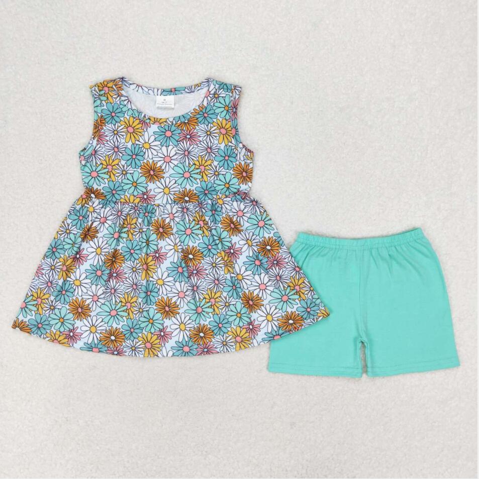 GSSO1271 Summer Baby Girls Daisy Flower Top Matching Green Shorts Set