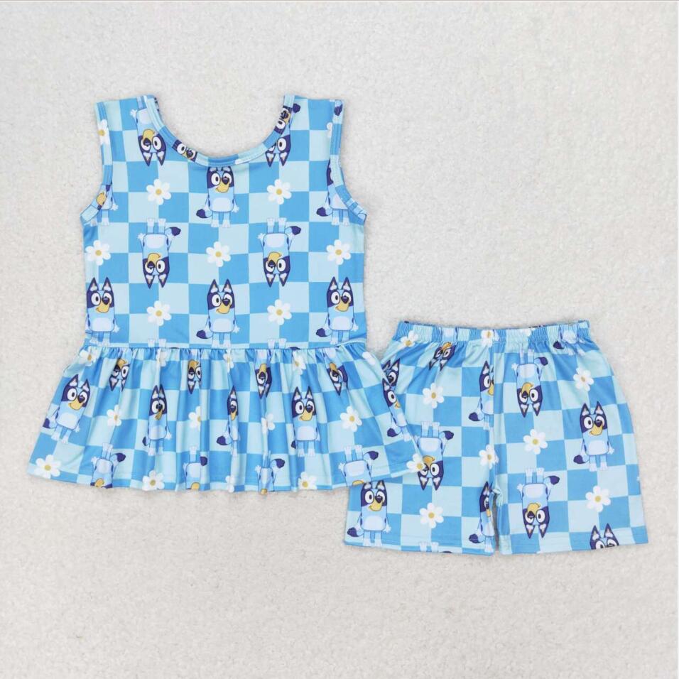 GSSO1248 Baby Girls Blue Dogs Flowers Tunic Top Shorts Clothes Sets