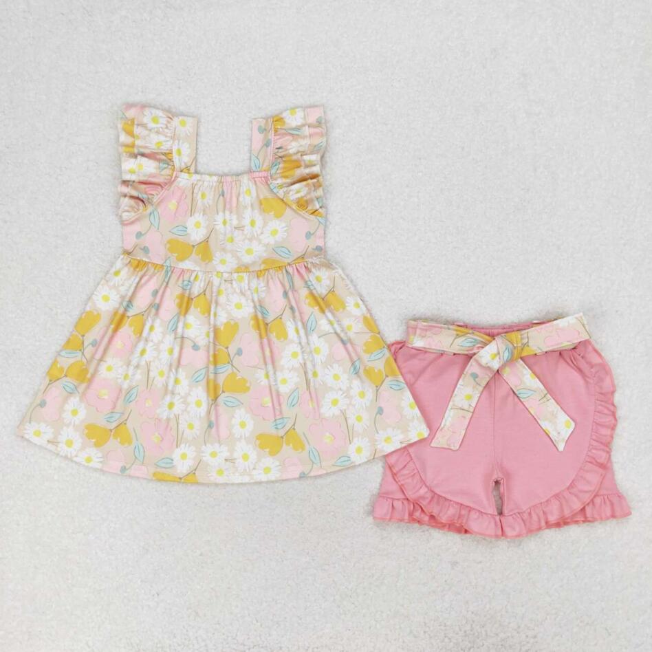 GSSO1254 Summer Baby Girls Floral Tunic Top Pink Shorts Set