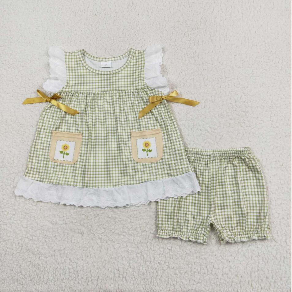 GSSO1196 Baby Girls Summer Green Gingham Tunic Tip Shorts Outfit