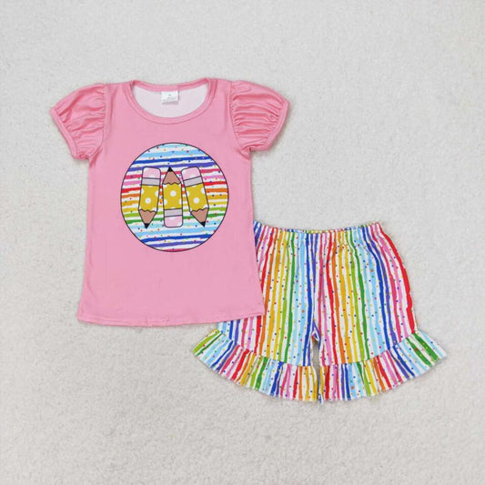 GSSO1366 Kids Girls Back to School Pen Colorful Striped Shorts Set