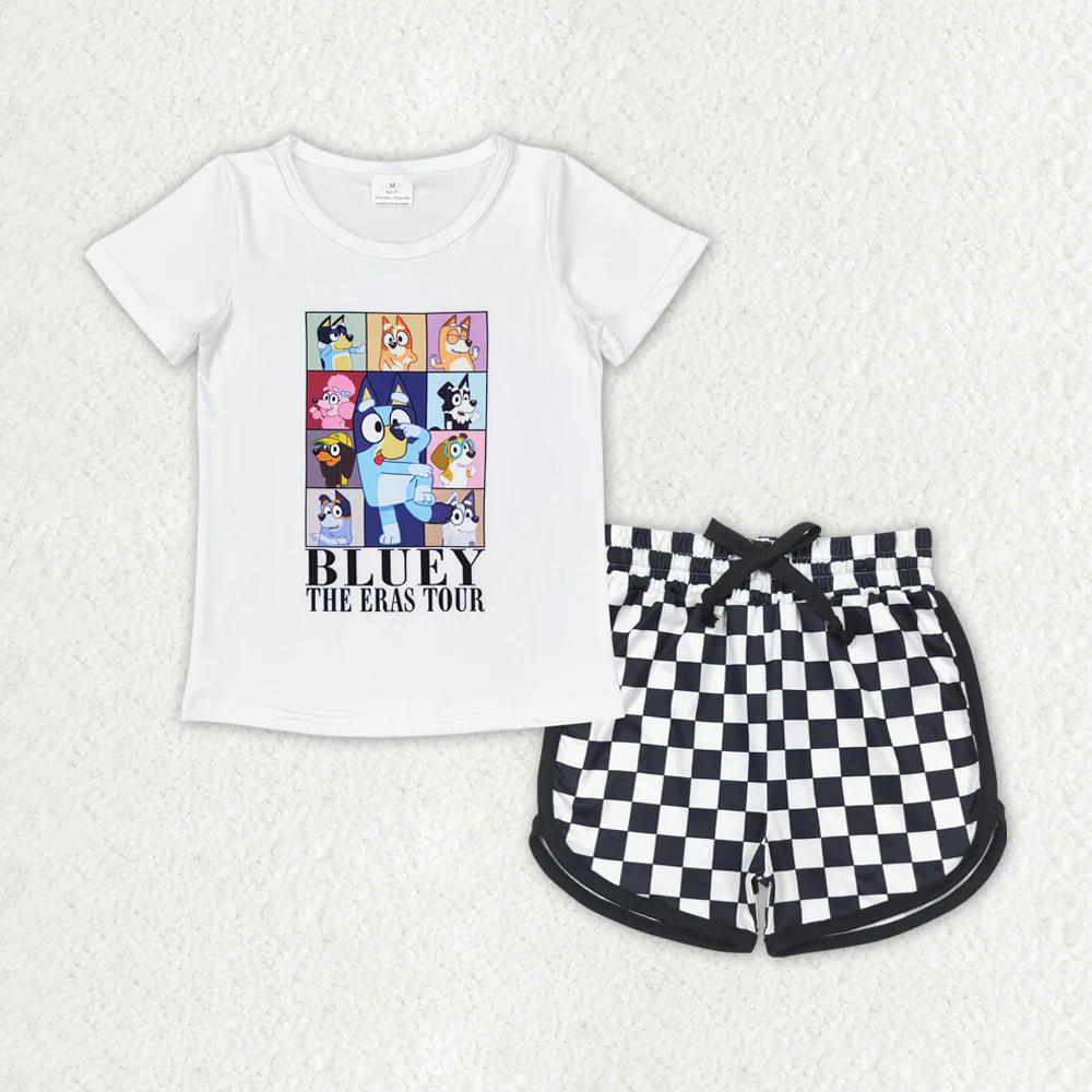 GSSO1447 Baby Girls Cartoon Dog Top Black Checker Shorts Set