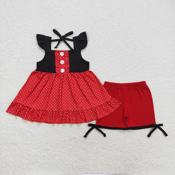 GSSO0969 Baby Girls Black Red Princess Flutter Sleeve Tunic Top Shorts Clothes Sets