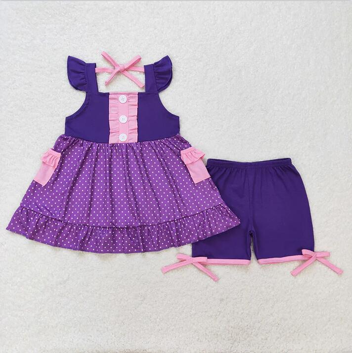 GSSO0965 Baby Girls Black Purple Dots Princess Flutter Sleeve Tunic Top Shorts Clothes Sets