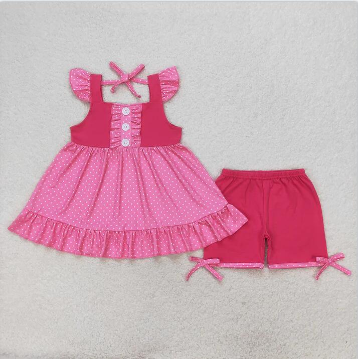 GSSO0974 Baby Girls Pink Princess Flutter Sleeve Tunic Top Shorts Clothes Sets