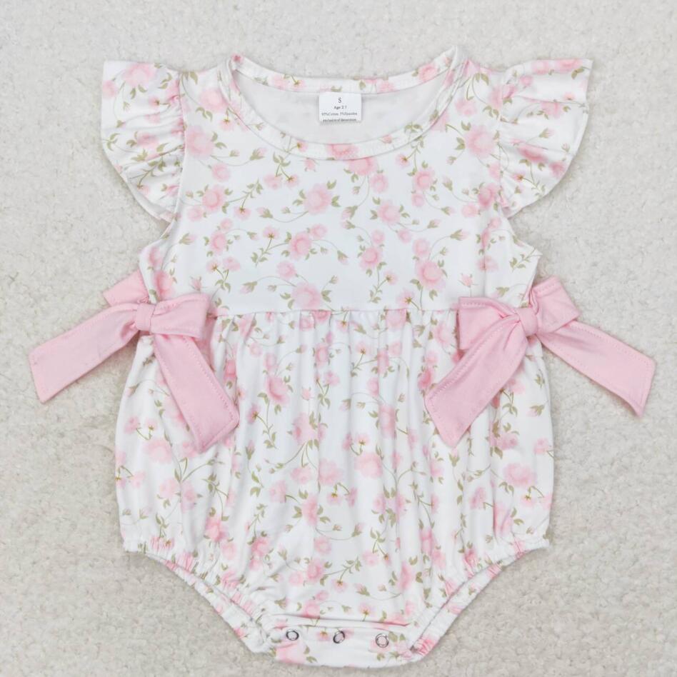 SR1765 Baby Infant Girls Light Pink Flowers Bows Rompers