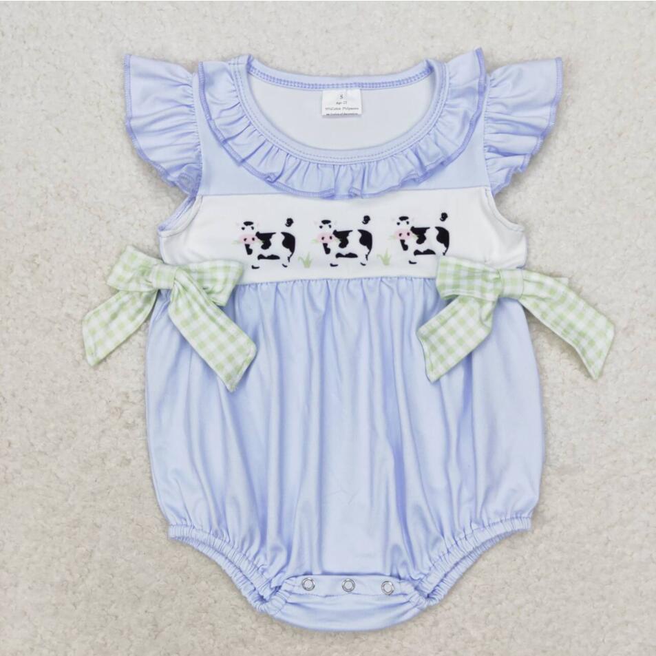 SR1696 Baby Infant Girls Bows Cows Flutter Sleeve Rompers