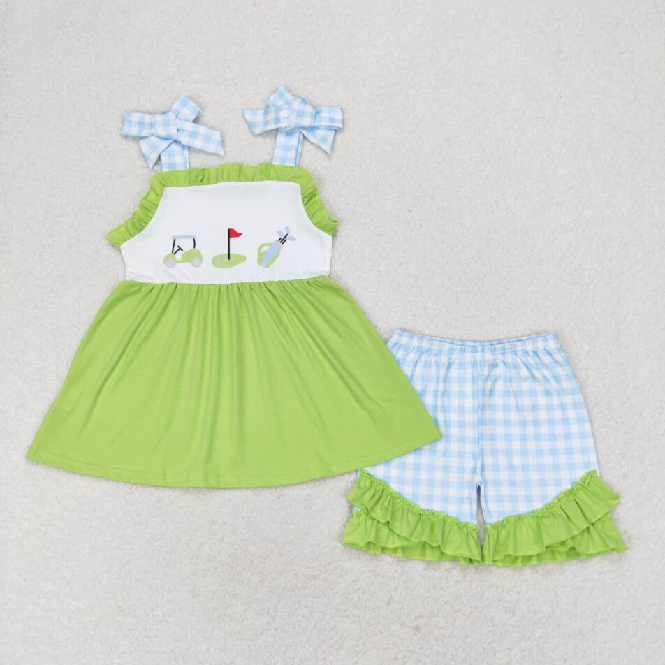GSSO0719 Baby Girls Golf Green Straps Tunic Ruffle Shorts Outfits Clothes Sets
