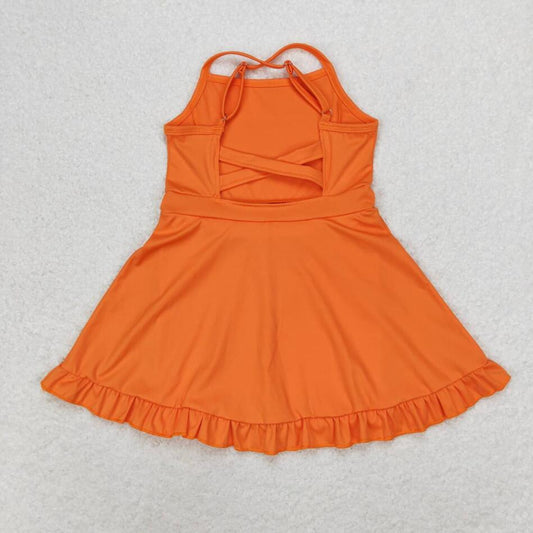 S0442 Baby Girls Orange Knit Knee Length Active Wear Dresses