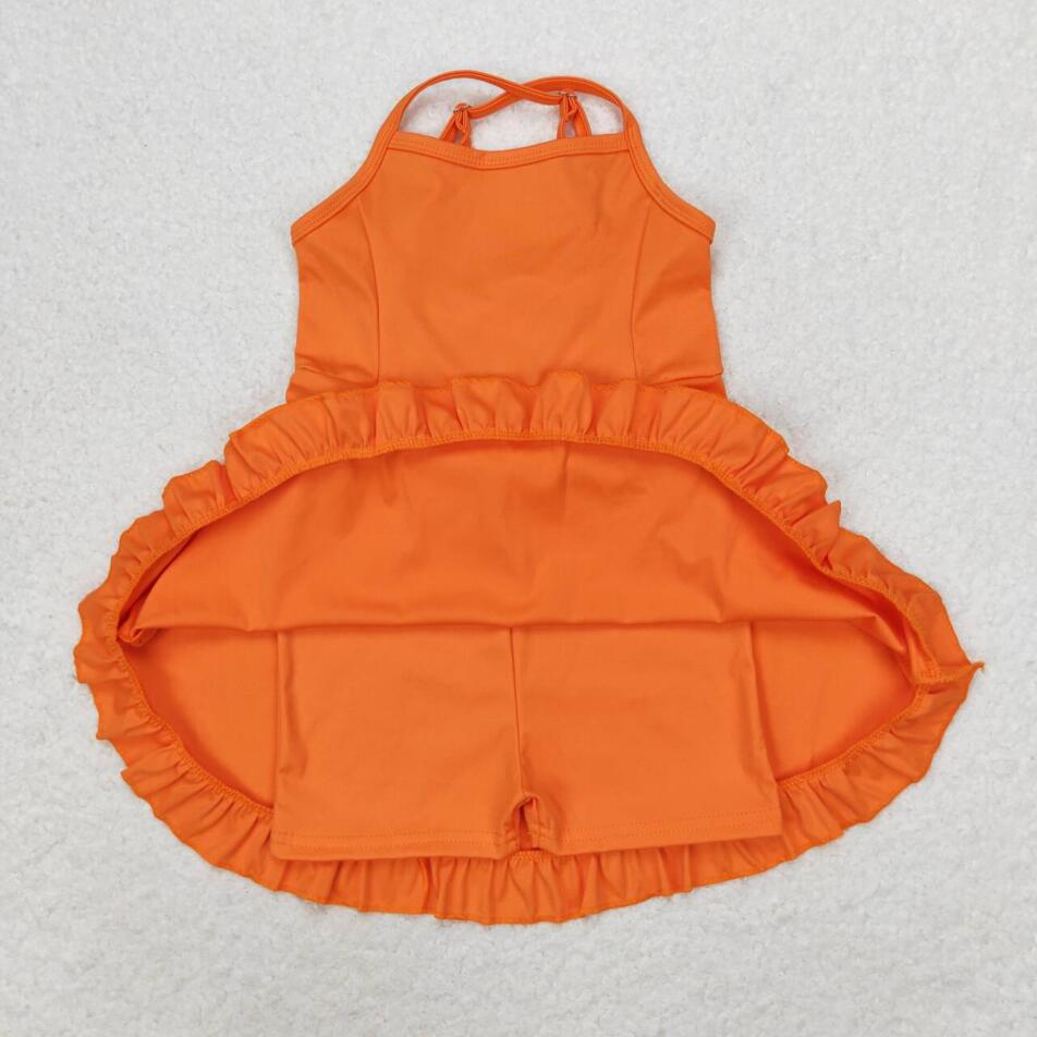 S0442 Baby Girls Orange Knit Knee Length Active Wear Dresses