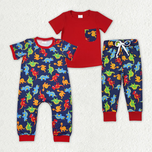 Baby Boys Sibling Rompers Red Dinosaur Pants Clothes Sets