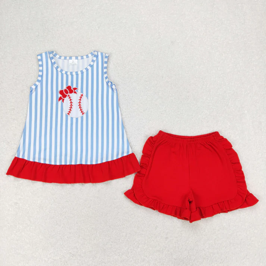 Baby Girls Blue Stripes Baseball Sibling Summer Rompers Clothes Sets
