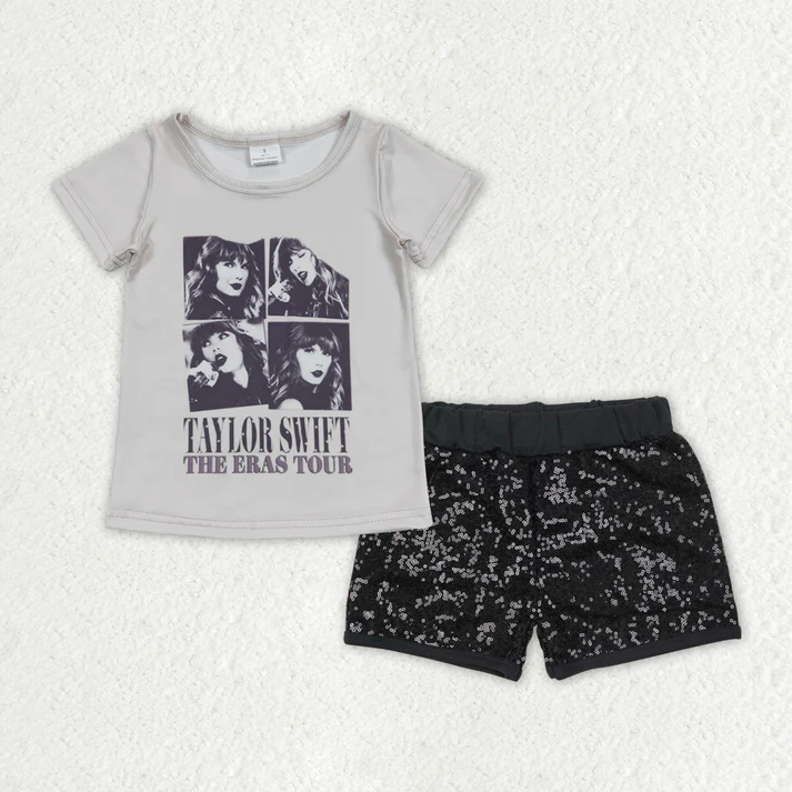 Baby Girls Singer Grey Shirt Black Sequin Shorts Clothes Sets