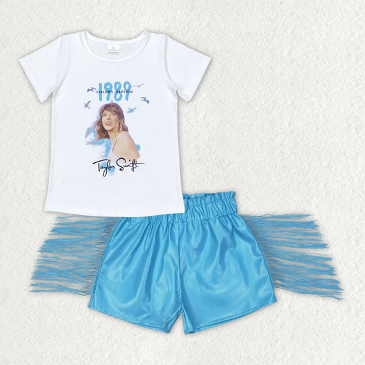 Baby Girls Singer 1989 Shirts Tops Leather Blue Tassel Shorts Clothes Sets