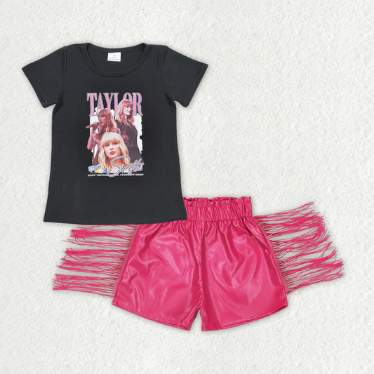 Baby Girls Singer Black Shirts Tops Leather Hot Pink Tassel Shorts Clothes Sets