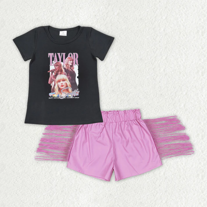 Baby Girls Singer Black Shirts Tops Leather Pink Tassel Shorts Clothes Sets