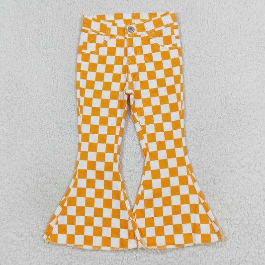 P0468 Baby Girls Orange Checkered Bell Flare Denim Pants