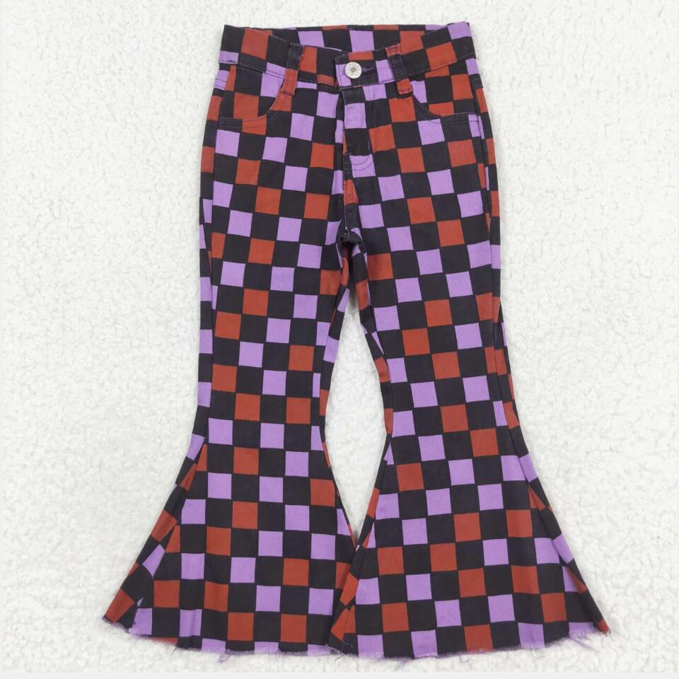 P0471 Baby Girls Halloween Checkered Bell Flare Denim Pants